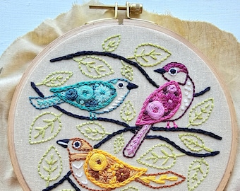 Beginner needlework pattern digital download, Colorful birds DIY easy fiber art craft project template and embroidery stitch instructions