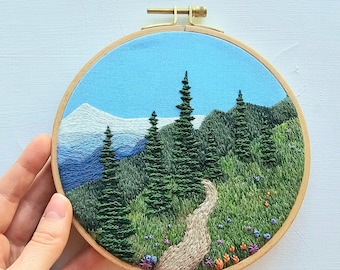 Landscape hand embroidery pattern "Happy Trails" , PDF download instructions & template for DIY mountain scene fiber hoop art