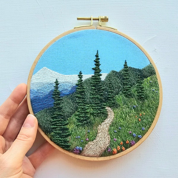 Landscape hand embroidery pattern "Happy Trails" , PDF download instructions & template for DIY mountain scene fiber hoop art