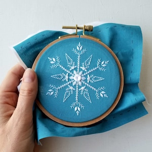 Mini snowflake ornament embroidery kit, hand embroidery video tutorial, diy holiday craft decoration, winter art project, gifts under 20