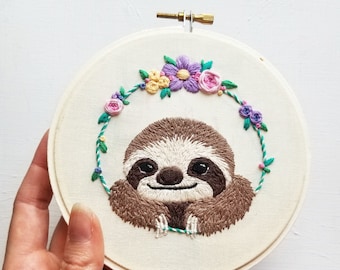 Cute sloth hand stitching kit, DIY modern embroidery hoop art, beginner thread painting project, animal needlepoint craft supplies for adult