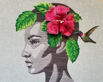 Stumpwork embroidery red hibiscus flower tutorial, 3D embroidery digital pattern, Anna's hummingbird embroidery PDF, diy modern fiber art