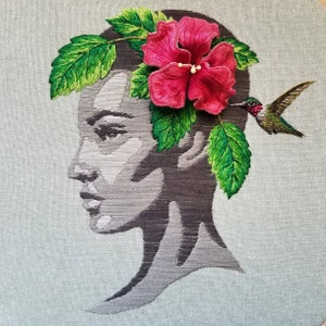 Stumpwork embroidery red hibiscus flower tutorial, 3D embroidery digital pattern, Anna's hummingbird embroidery PDF, diy modern fiber art