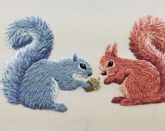 Autumn squirrels embroidery pattern download and online video tutorial, diy woodland animal wall art, fall acorn & sunflower craft project