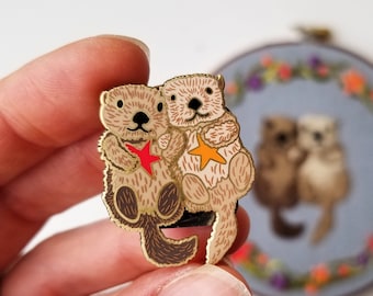 Cute sea otters and starfish needle minder, gold enamel magnet pin, needle minders for cross stitch & embroidery, gift for her sewing kit