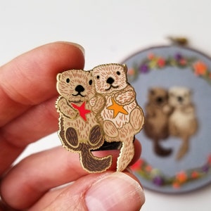 Cute sea otters and starfish needle minder, gold enamel magnet pin, needle minders for cross stitch & embroidery, gift for her sewing kit