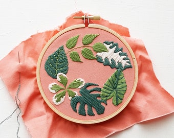 Hand Embroidery KIT: Tropical Plants Pink 4 inch, Beginner Needlepoint Design - Modern Contemporary Embroidery Pattern - Satin Stitch Plants