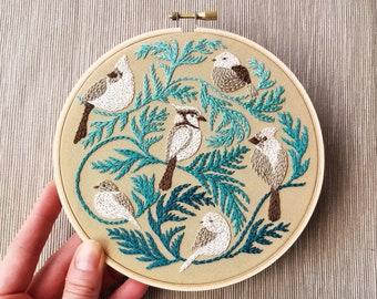 Winter birds hand embroidery kit with online video tutorial, DIY holiday craft project