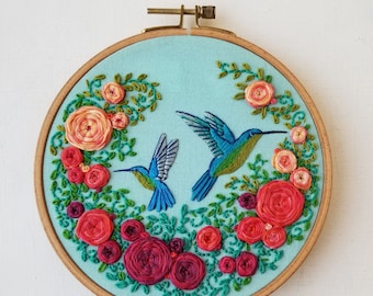 Summer hummingbirds hand embroidery kit with online video tutorial, diy modern fiber craft project