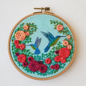 Summer hummingbirds hand embroidery kit with online video tutorial, diy modern fiber craft project