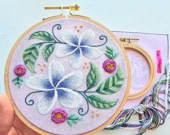 Plumeria flowers DIY embroidery kit, thread painting project with online video tutorial