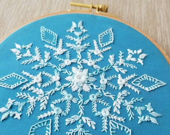 Winter snowflake embroidery pattern, hand embroidery sampler, how to embroider tutorial, DIY Christmas decor, craft project instructions