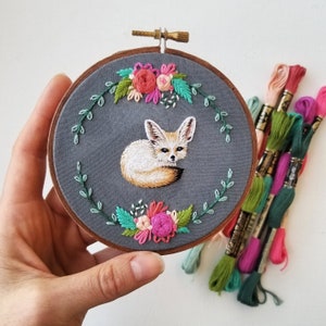 Fennec Fox hand embroidery project supply set, DIY modern embroidery kit with printed fabric