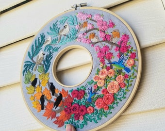 Seasonal Birds Double Hoop Wreath pattern, modern hand embroidery pdf, Large Needlepoint Design digital download, DIY colorful wall art