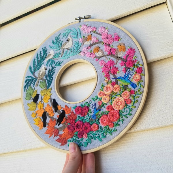 Seasonal Birds Double Hoop Wreath pattern, modern hand embroidery pdf, Large Needlepoint Design digital download, DIY colorful wall art