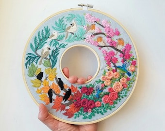Four Seasons of Birds Hand Embroidery Kit, DIY colorful wall art, Large seasonal wreath craft project, Modern embroidery supplies set