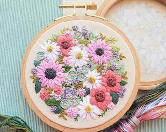Wildflower Sampler 4 inch Hand Embroidery craft kit, Bright floral embroidery pattern and supplies with online video tutorial