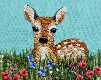 Wildflower meadow fawn embroidery design, baby deer digital hand embroidery download, DIY woodland animal PDF pattern