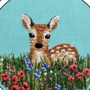 Wildflower meadow fawn embroidery design, baby deer digital hand embroidery download, DIY woodland animal PDF pattern