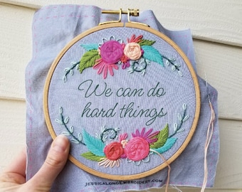 Floral Hand Embroidery Kit DIY: I am enough, Beginner Needlepoint Design and stitch guide, Modern Embroidery Pattern with Video Tutorial