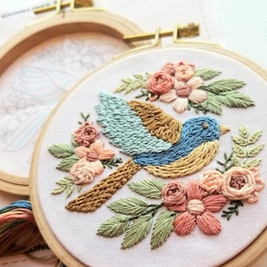 Bluebird beginner hand embroidery kit with online class, easy floral embroidery sampler craft set