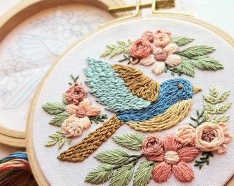 Bluebird beginner hand embroidery kit with online class, easy floral embroidery sampler craft set