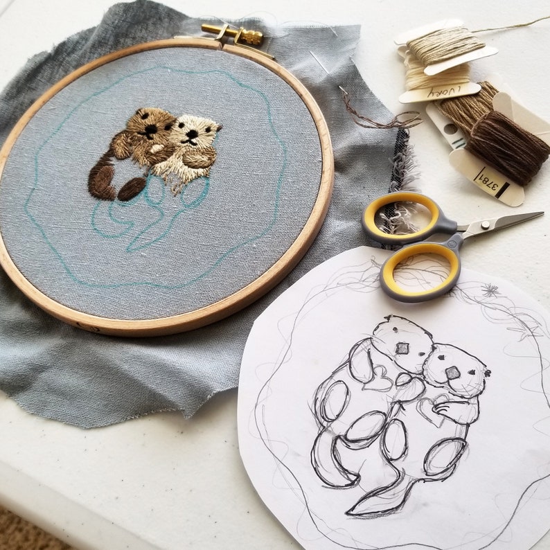 Cute otter embroidery pattern, thread painting pattern PDF, otter cross stitch design, DIY gift set for new mom, ocean embroidery project image 5