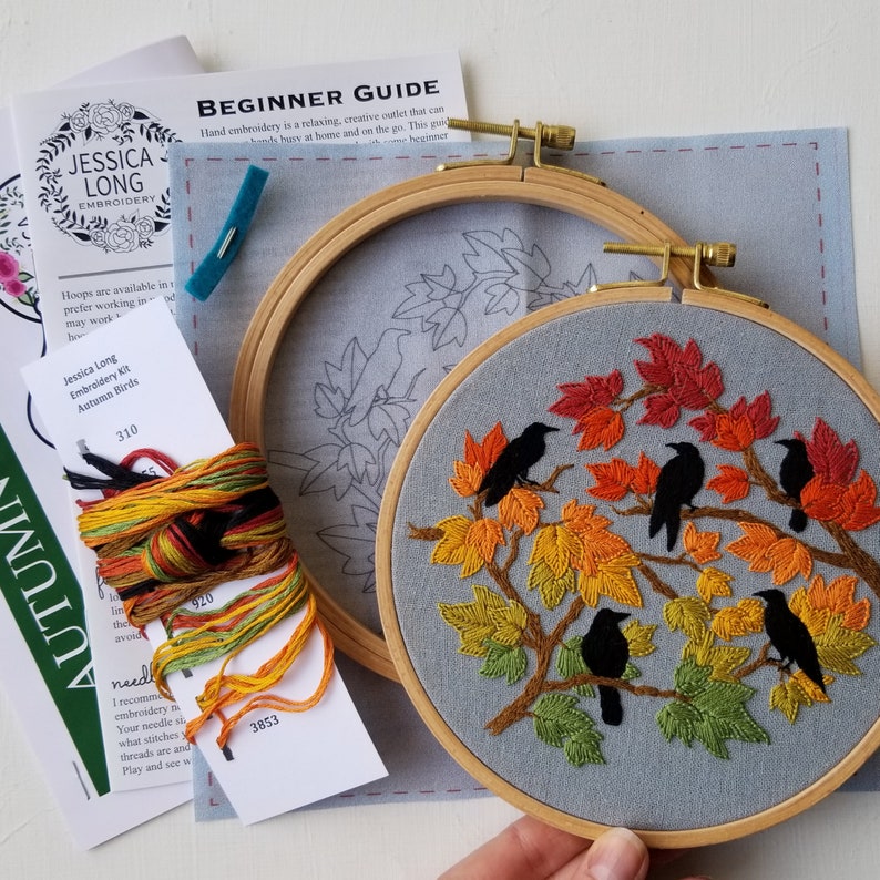 Autumn Birds embroidery hoop kit, crow embroidery pattern, fall seasonal craft project, fall leaves needlework design, self care gift image 4