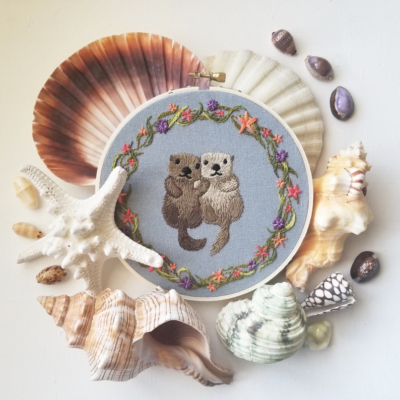 Cute otter embroidery pattern, thread painting pattern PDF, otter cross stitch design, DIY gift set for new mom, ocean embroidery project image 6