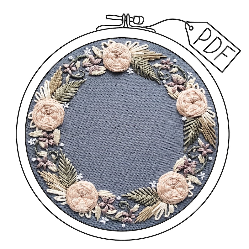 Rose wreath craft project, DIY custom baby hoop art, handmade gift idea for nursery, modern hand embroidery pattern, flower needlepoint pdf image 2
