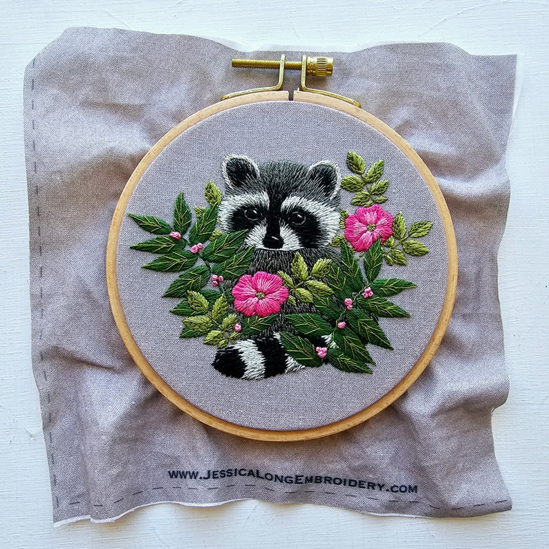 DIY Raccoon Hand Embroidery kit, Animal thread painting template, supplies and online video tutorial image 8