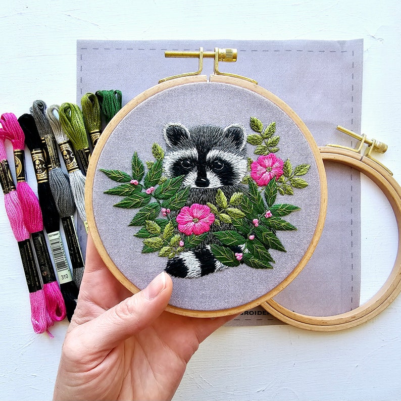 DIY Raccoon Hand Embroidery kit, Animal thread painting template, supplies and online video tutorial image 7