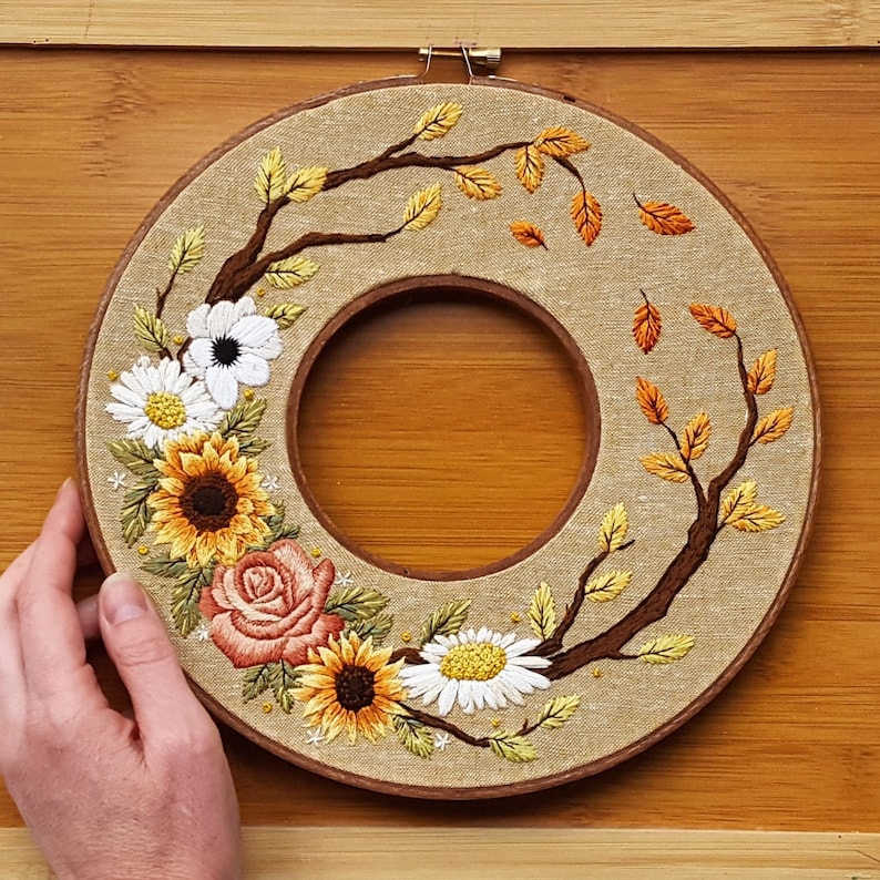 DIY fall holiday decorations, autumn wreath hand embroidery pattern PDF, sunflower thread painting design, DIY falling leaves wall art gift 