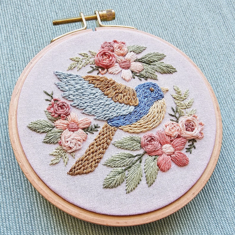 Bluebird beginner hand embroidery kit with online class, easy floral embroidery sampler craft set image 2