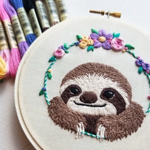 Cute sloth hand stitching kit, DIY modern embroidery hoop art image 1