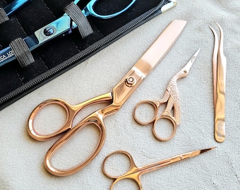 Embroidery Scissor Gift Set - Copper or Blue. Fabric scissors, curved scissors, stork scissors and tweezers presented in a zippered pouch.