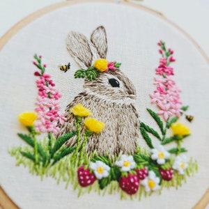 Bunny PDF embroidery pattern, cute rabbit and strawberries thread painting template with online video tutorial