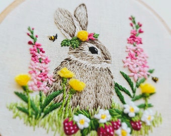 Bunny PDF embroidery pattern, cute rabbit and strawberries thread painting template with online video tutorial