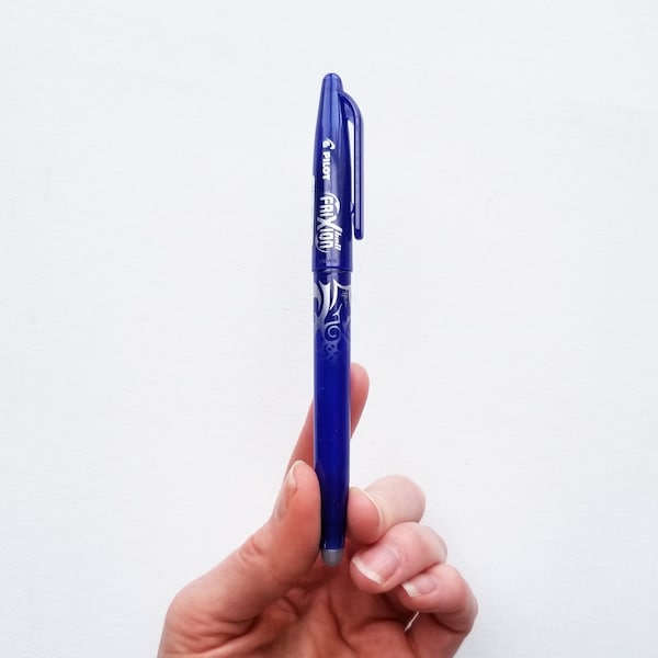 Blue Frixion fabric pen for Embroidery Pattern Transfer, heat erasable transfer method, hand embroidery supplies