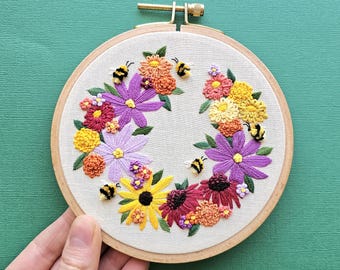 Bright flowers and bumble bees 5 inch hand embroidery kit, embroidery pattern and supplies