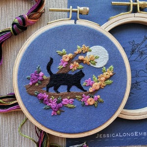 Mini Black cats hand embroidery kit "Catwalk", embroidery pattern and supplies with online video tutorial