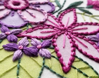 DIY floral hand embroidery pattern "Bloom", Beginner embroidery stitch sampler with online video tutorial