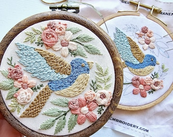 Bluebird sampler hand embroidery pattern, beginner craft digital download with online video tutorial