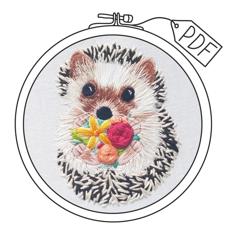 Hedgehog PDF embroidery pattern, cute hedgehog cross stitch design, hand embroidery designs, thread painting PDF, modern needlepoint image 2