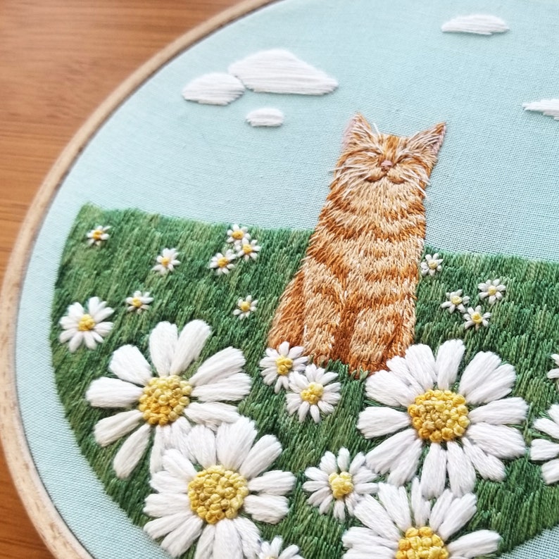 Digital Hand Embroidery Pattern: Orange Tabby Happy Place Thread Painting Hoop Art Digital Download PDF DIY Modern Embroidery image 2