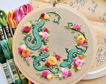 Colorful Geckos 5 inch Hand Embroidery craft kit, Bright floral embroidery pattern and supplies with online video tutorial