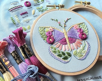 Easy hand embroidery kit with online class "Beginner Butterfly Sampler" pattern, supplies and video tutorial