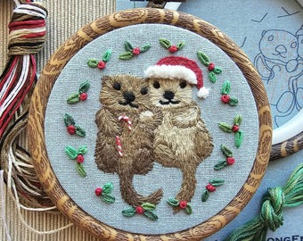 Mini holiday otters ornament embroidery kit "otterly adorable" with 4 inch decorative hoop, diy holiday craft decoration