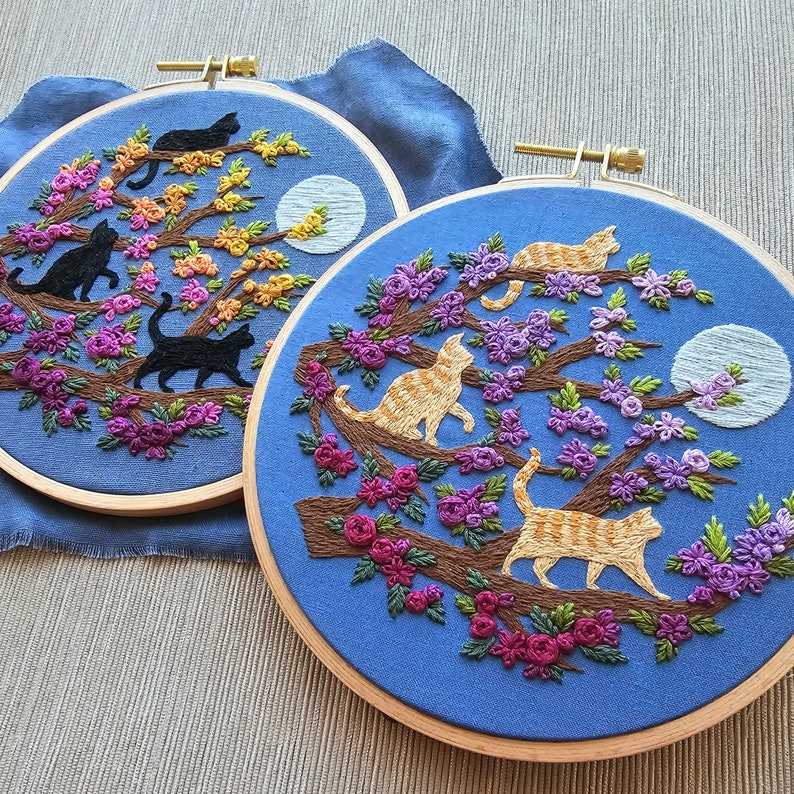 Black cats hand embroidery kit Catwalk with orange tabby option, embroidery pattern and supplies with online video tutorial image 6