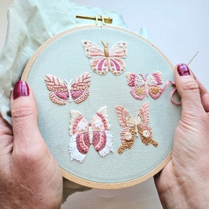 Butterfly hand embroidery pattern PDF with online video tutorial, DIY adult craft project digital instructions